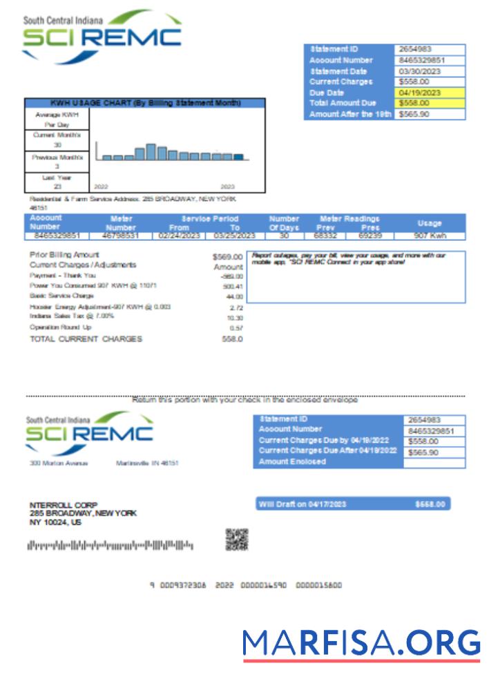 Realistic South Central Indiana REMC utility business bill, SCR real example